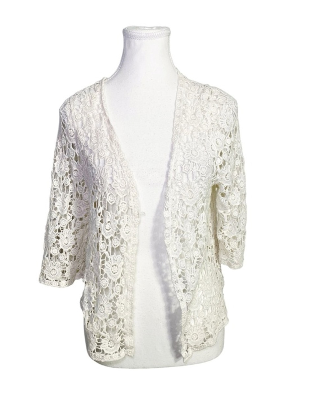 Chris McLaughlin Boho White Cotton Crochet Floral Lace 3/4 Sleeve Topper Large